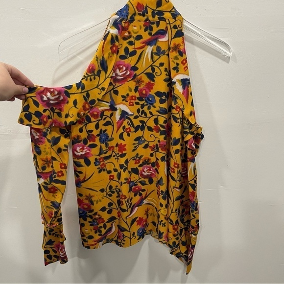 Tanya Taylor Adrienne Kimono Floral Silk Top Blouse in Marigold Cold Shoulder 2 - Picture 12 of 14